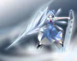  blue_hair cirno grey_background heripuu ice_sword ribbon short_hair sword touhou wallpaper weapon wings 