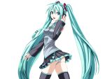  bad_id blue_hair hand_on_headphones hatsune_miku headphones long_hair microphone necktie panties popi_(pixiv) skirt solo striped striped_panties thigh-highs thighhighs twintails underwear upskirt very_long_hair vocaloid 