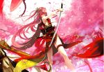  cherry_blossoms jpeg_artifacts katana long_hair red red_eyes redhead sword 
