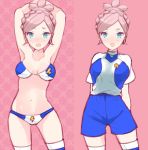  1girl adapted_costume armpits arms_up bikini blue_eyes blush breasts idomajin inazuma_eleven_(series) inazuma_eleven_go inazuma_eleven_go_galaxy large_breasts lightning_bolt navel nozaki_sakura open_mouth pink_hair shinsei_inazuma_japan soccer_uniform solo swimsuit 