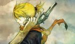  blonde_hair blue_eyes gun handgun highres kagamine_len male nagimiso ponytail profile revolver scarf vocaloid weapon 