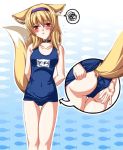  blonde_hair blush collar fox_ears fox_tail headband kitsunemimi moe name_tag one-piece_swimsuit original red_eyes school_swimsuit short_hair squiggle swimsuit tail towa uniform 