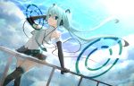  aqua_hair armpits elbow_gloves gloves hand_on_headphones hatsune_miku headphones kousou long_hair necktie sky thighhighs twintails vocaloid zettai_ryouiki 