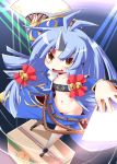  bandeau bell belt blue_hair blush box brown_eyes chibi dancing dual_wielding facial_mark fan flat_chest forehead_mark from_above hair_ornament hair_ribbon horn horns jingle_bell long_hair midriff mikan_box navel no_panties oni reku ribbon solo super_robot_wars super_robot_wars_og_saga_mugen_no_frontier suzuka_hime tubetop wardrobe_malfunction 