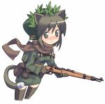  army belt bolt_action brown_hair camouflage cat_ears green_eyes gun hat helmet mauser_98 nekomimi rifle scarf short_hair skirt tail tanaka_(cow) thigh_highs thighhighs uniform weapon world_war_ii 