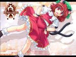  blush bobby_socks brown_hair cat_ears cat_tail catgirl chen dutch_angle earrings etogami_kazuya fang hands_on_hips hat highres jewelry multiple_tails open_mouth red_eyes short_hair single_earring smile socks solo tail touhou wallpaper 