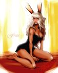  1girl animal_ears bare_feet barefoot brown_eyes bunny_ears dark_skin dress feet ff12 ffxii final_fantasy final_fantasy_xii fran lingerie long_hair soles solo toes underwear viera white_hair 