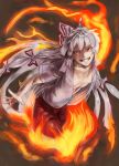  1girl baten_(gei-vorugu) bow breasts fire fujiwara_no_mokou grin hair_bow hair_ribbon highres long_hair no_bra open_clothes open_shirt pants red_eyes ribbon shirt silver_hair smile solo touhou very_long_hair 