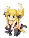  1girl blonde_hair blush boots bow breasts fate_testarossa flat_chest gloves kitsunemimi loli long_hair mahou_shoujo_lyrical_nanoha necklace panties red_eyes thigh_highs twintails 