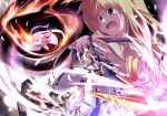  3girls battle fate_testarossa fire kazekawa_nagi levantine mahou_shoujo_lyrical_nanoha mahou_shoujo_lyrical_nanoha_strikers multiple_girls raising_heart signum staff sword takamachi_nanoha tears torn_clothes weapon 