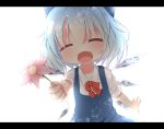  1girl akisha blue_hair bow cirno closed_eyes fang flower hair_bow ice open_mouth short_hair smile solo touhou wings 