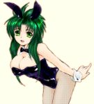  ahoge bow bunnysuit cuffs fish_nets green_eyes green_hair long_hair pantyhose usagimimi 
