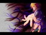  1girl blonde_hair butt_crack darkness dimples_of_venus foreshortening glowing glowing_eyes hair_ribbon hands highres kagemaro panties ribbon rumia short_hair solo touhou underwear wallpaper white_panties 