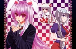  bad_id blush braid bunnygirl checkered finger_to_mouth flower fujiwara_no_mokou long_hair multiple_girls nail_polish no_hat no_headwear purple_hair red_eyes reisen_udongein_inaba ribbons rose sleeves_past_wrists smile touhou white_hair yagokoro_eirin yuuka_nonoko 