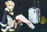  blonde_hair bow breasts cleavage coat dress feathers fixed flower fur fur_coat gloves h2so4 hair_flower hair_ornament handbag high_heels highres lace legs luggage original shoes short_hair sitting skirt smile solo suitcase thighhighs yellow_eyes 