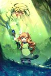  androgynous blue_eyes brown_hair dryad dryad_(seiken_densetsu) facepaint feathers forest green_hair hair_feathers long_hair nature open_mouth popoie red_hair seiken_densetsu seiken_densetsu_2 smile sunakumo wand 