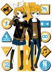  blue_eyes boots brother_and_sister infinity kagamine_len kagamine_rin m-minato pants ribbon road_sign siblings sign skirt smile thighhighs twins vocaloid 