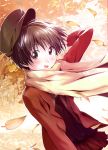  blush brown_eyes brown_hair hat idolmaster kikuchi_makoto leaf leaves looking_back misagi_nagu scarf short_hair skirt smile tree wind 