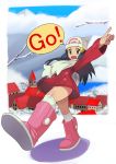  1girl boots hat hikari_(pokemon) hikari_(pokemon)_(remake) pointing pokemon pokemon_(game) pokemon_dppt ryunryun scarf solo 