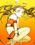  amber_eyes bare_shoulders barefoot brown_hair feet golden_eyes hands hands_on_feet kawazu legs midriff mouth_hold orange_eyes original underwater yellow_eyes 