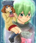  1girl alternate_costume bandana blue_eyes blush bow brown_hair can gift gloves green_eyes green_hair haruka_(pokemon) hat holding holding_gift mechakucha nintendo plaid plaid_skirt pokemon pokemon_(anime) scarf short_hair shuu_(pokemon) skirt smile sweater 