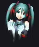  aqua_hair beltamoro dark detached_sleeves hatsune_miku headphones headset heterochromia highres long_hair necktie red_eyes tears twintails vocaloid 