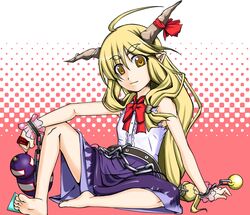  blonde_hair bow chain chains eyebrows feet hair_ribbon horns ibuki_suika kyuu_you oni ribbon touhou yellow_eyes 