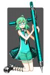  aqua_eyes dress glasses green_hair kneeling mechanical_pencil minigirl open_mouth osamu_(jagabata) oversized_object pencil personification see-through 