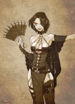  cloak corset denx earrings elf face_paint fan female girl hair_over_one_eye mataharys pointy_ears solo straps thigh-highs 
