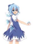  :d bad_id blue_eyes blue_hair bow cirno dress hair_bow holding ice ice_wings open_mouth ribbon short_hair simple_background smile solo touhou white_background wings yuzuha_(artist) 