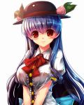  blush breasts food fruit hat hinanawi_tenshi large_breasts leaf lens_flare long_hair looking_at_viewer peach red_eyes ryuuzaki_itsu simple_background smile solo touhou 
