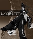  bayonetta bayonetta_(character) black_hair crossed_legs glasses gun long_hair looking_down smoking_gun 