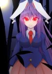  1girl animal_ears bamboo bamboo_forest blazer forest glowing glowing_eyes long_hair moonlight moto_jukensei nature purple_hair rabbit_ears red_eyes reisen_udongein_inaba solo touhou 