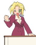  clenched_hand desk fang fist formal green_eyes kuroi_nanako long_hair lucky_star suit table usuiken wink 