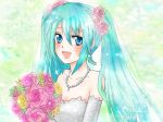  aqua_hair bad_id bouquet bride dress flower gloves hatsune_miku tin_lamp vocaloid wedding_dress 