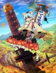  alternate_costume alternate_weapon animal_ears armpits banner bell character_doll detached_sleeves eyebrows hat highres huge_weapon inubashiri_momiji kage_houshi leaf looking_at_viewer mountain orange_eyes sandals shield short_hair socks sword tail tokin_hat touhou translated weapon wolf_ears wolf_tail 