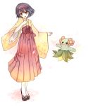  1girl bellossom black_hair erika_(pokemon) gym_leader hairband hano_(hanosora) japanese_clothes kimono petals pokemon pokemon_(creature) short_hair smile yellow_eyes 