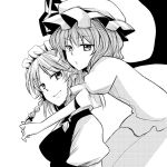  braid frown hair_tussle hat hug hug_from_behind izayoi_sakuya megumiya monochrome multiple_girls remilia_scarlet short_hair smile touhou twin_braids 