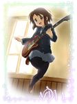  brown_hair guitar hirasawa_yui instrument jumping k-on! les_paul monjuurou pantyhose school_uniform short_hair solo 