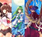  emuyan flower green_eyes green_hair hat kochiya_sanae purple_hair red_eyes shameimaru_aya snake tokin_hat touhou yasaka_kanako 