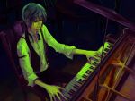  1boy bad_id blue_eyes blue_hair formal grand_piano instrument kaito male nr_(takeno) piano short_hair sitting solo suit vocaloid 
