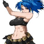  abs athletic blue_hair chiisan earrings fit gloves jewelry king_of_fighters leona_heidern lowres midriff muscle navel ponytail simple_background solo tank_top toned white_background 