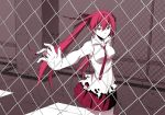  alternate_color chainlink_fence fence hair_ribbon hands hatsune_miku long_hair mikaze_takashi necktie pale_skin red_eyes red_hair redhead ribbon skirt solo twintails usotsuki_no_parade_(vocaloid) vocaloid 