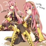  bad_id boots breasts comparison detached_sleeves headphones long_hair megurine_luka midriff nail_polish pink_hair sitting skirt smile thigh-highs thighhighs very_long_hair vocaloid yuzuki_karu 