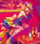  1girl adult bad_id blonde_hair bottle colorfull couch curtains detached_sleeves dress earrings flower full_body glass hairband hat jewelry kagamine_rin long_hair mirror nr_(takeno) sitting smile solo thigh-highs thighhighs vocaloid 