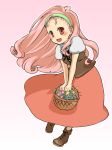  :d basket blush boots corset flower hairband harvest_moon headband long_hair open_mouth pink_hair popuri_(harvest_moon) red_eyes simple_background skirt smile solo 