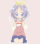  1girl bowl chopsticks core_(mayomayo) eating food hiiragi_tsukasa kneeling lucky_star noodles purple_hair short_hair solo 