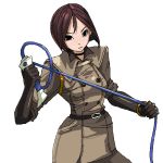  bob_cut brown_hair chiisan choker gloves king_of_fighters looking_at_viewer lowres short_hair simple_background solo uniform whip whip_(kof) white_background 