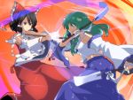  battle bow brown_eyes brown_hair detached_sleeves dual_wielding frog gohei green_hair hair_ornament hakurei_reimu japanese_clothes kochiya_sanae long_skirt miko multiple_girls ribbon skirt snake toro_(nightlord) toro_(pixiv) touhou yellow_eyes 