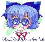  ? blue_hair cirno funny_glasses glasses grin iris_(artist) iris_anemone ribbon smile touhou ⑨ 